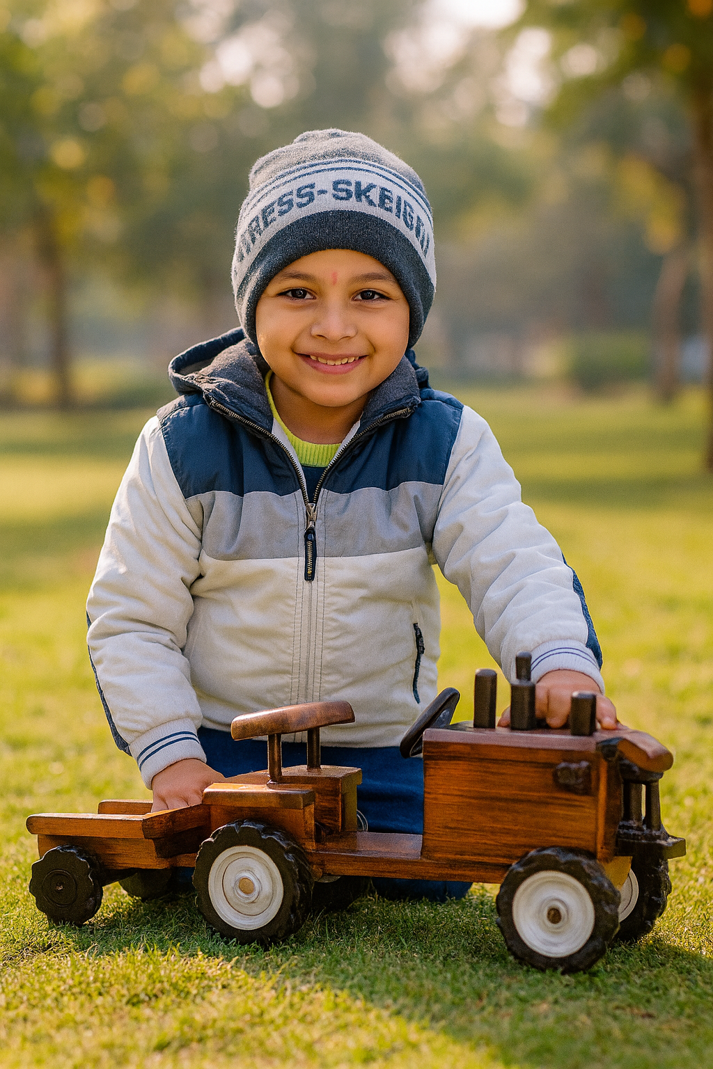 “Child playing with eco‑friendly wooden tractor trolley toy in a park”